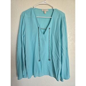 Michael Kors Linen Blouse Long Sleeve Silver Details Large Cool Aqua